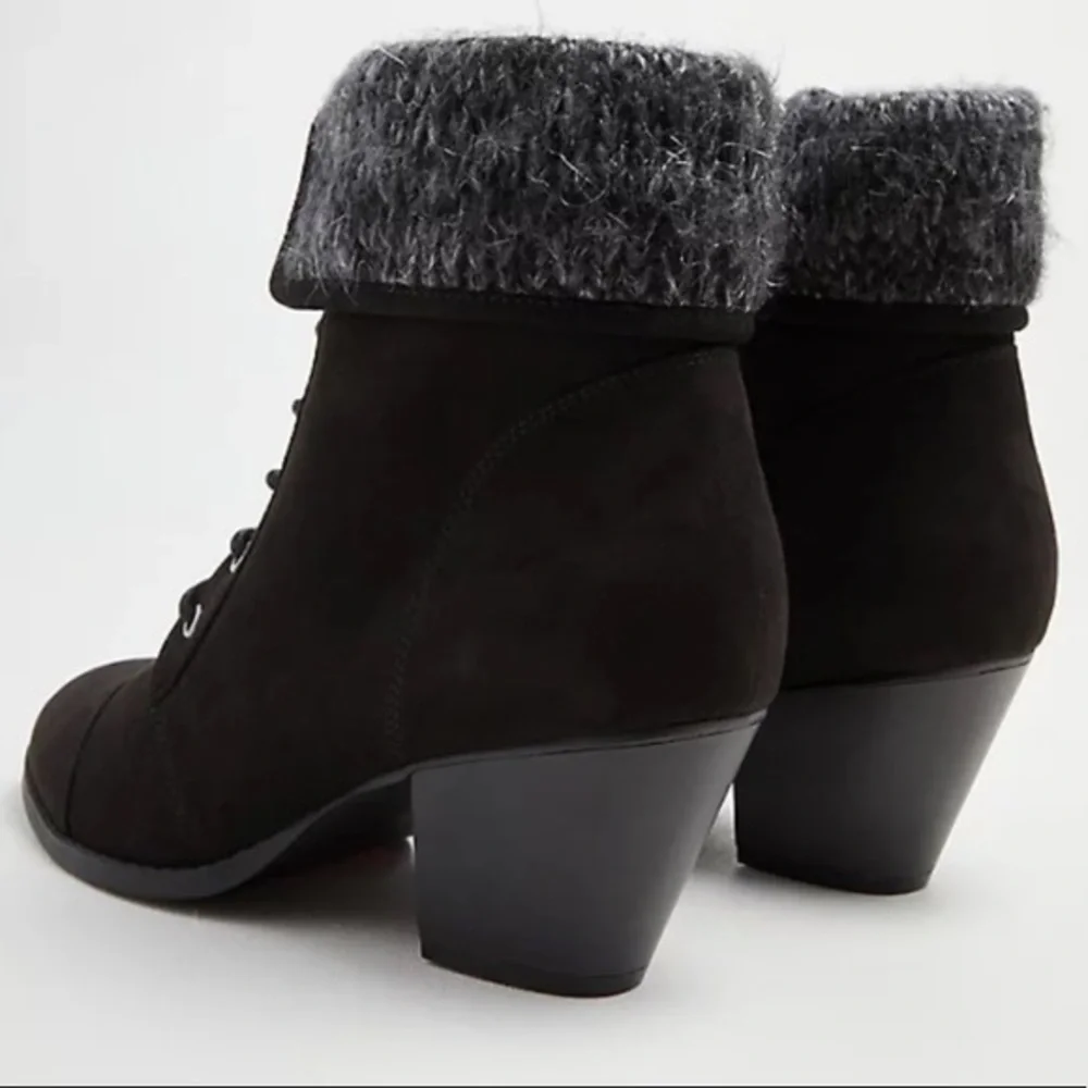 SWEATER HEEL BOOTIE - BLACK FAUX SUEDE in size 12 wide width
